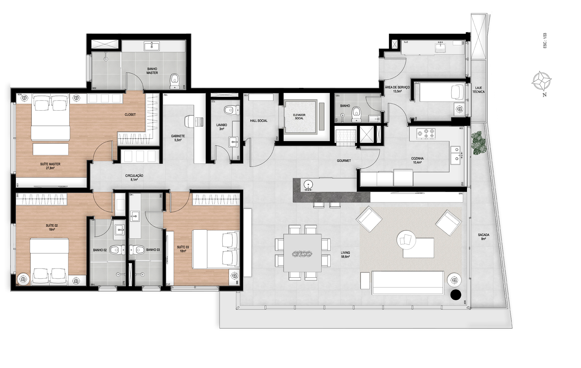 Apartamento Tipo Final 01 | 3 Suítes + Gabinete