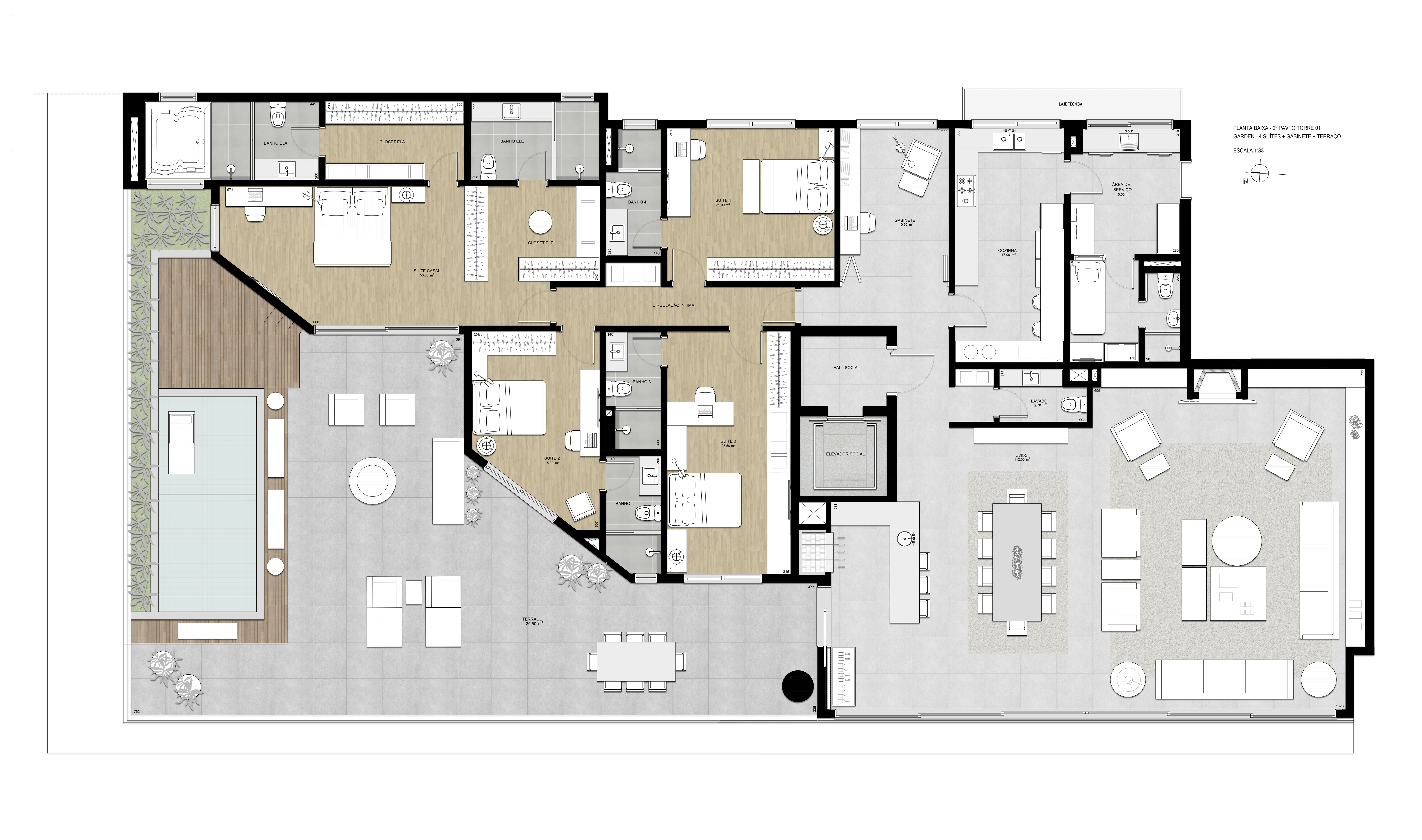 Planta Garden | Torre 1 | 4 Suítes + Gabinete + Terraço