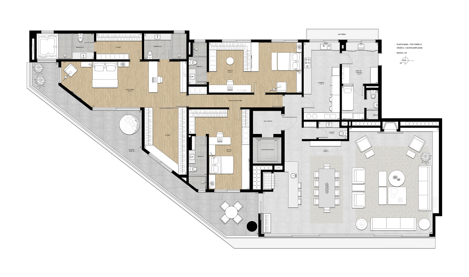 Planta Tipo | Torre 1 | Opção 2 | 3 Suítes Ampliadas