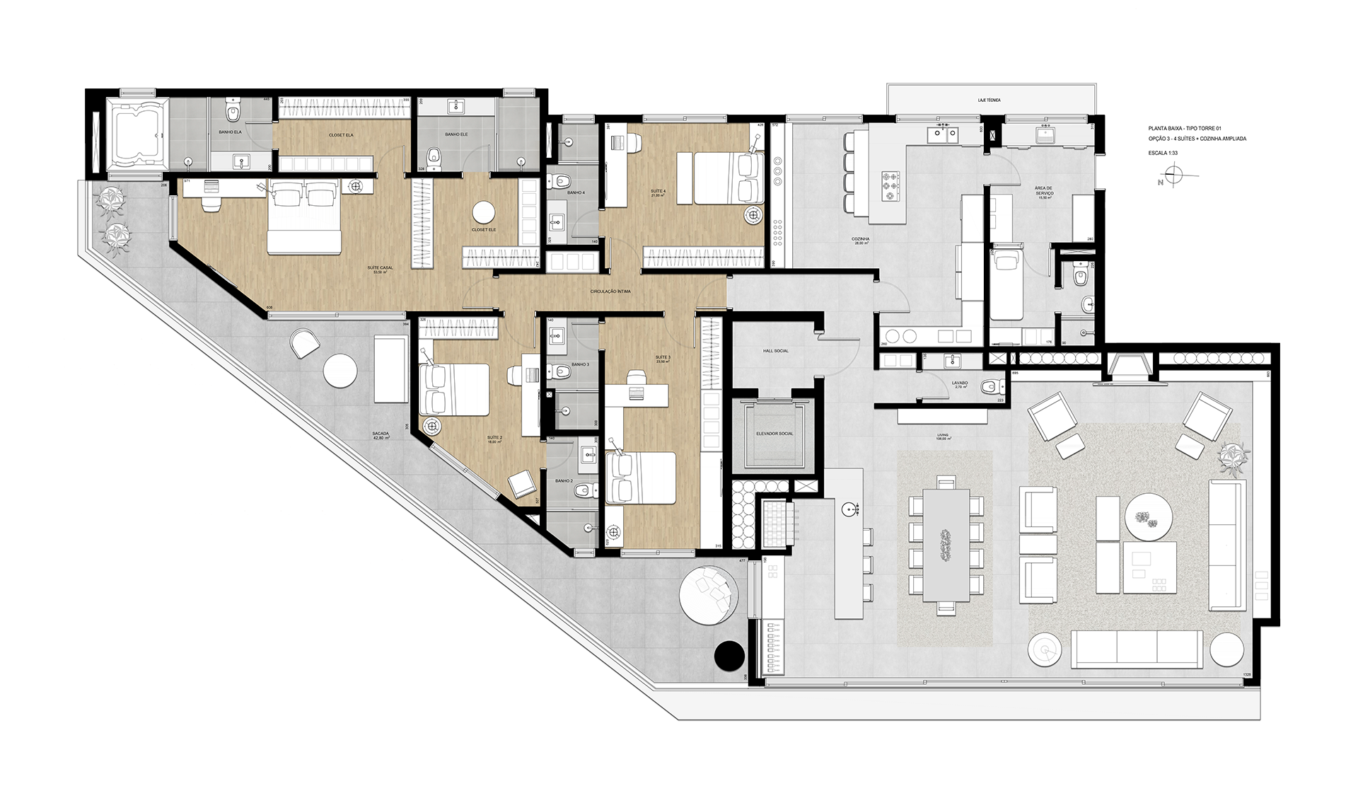 Planta Tipo | Torre 1 | Opção 3 | 4 Suítes + Cozinha Ampliada