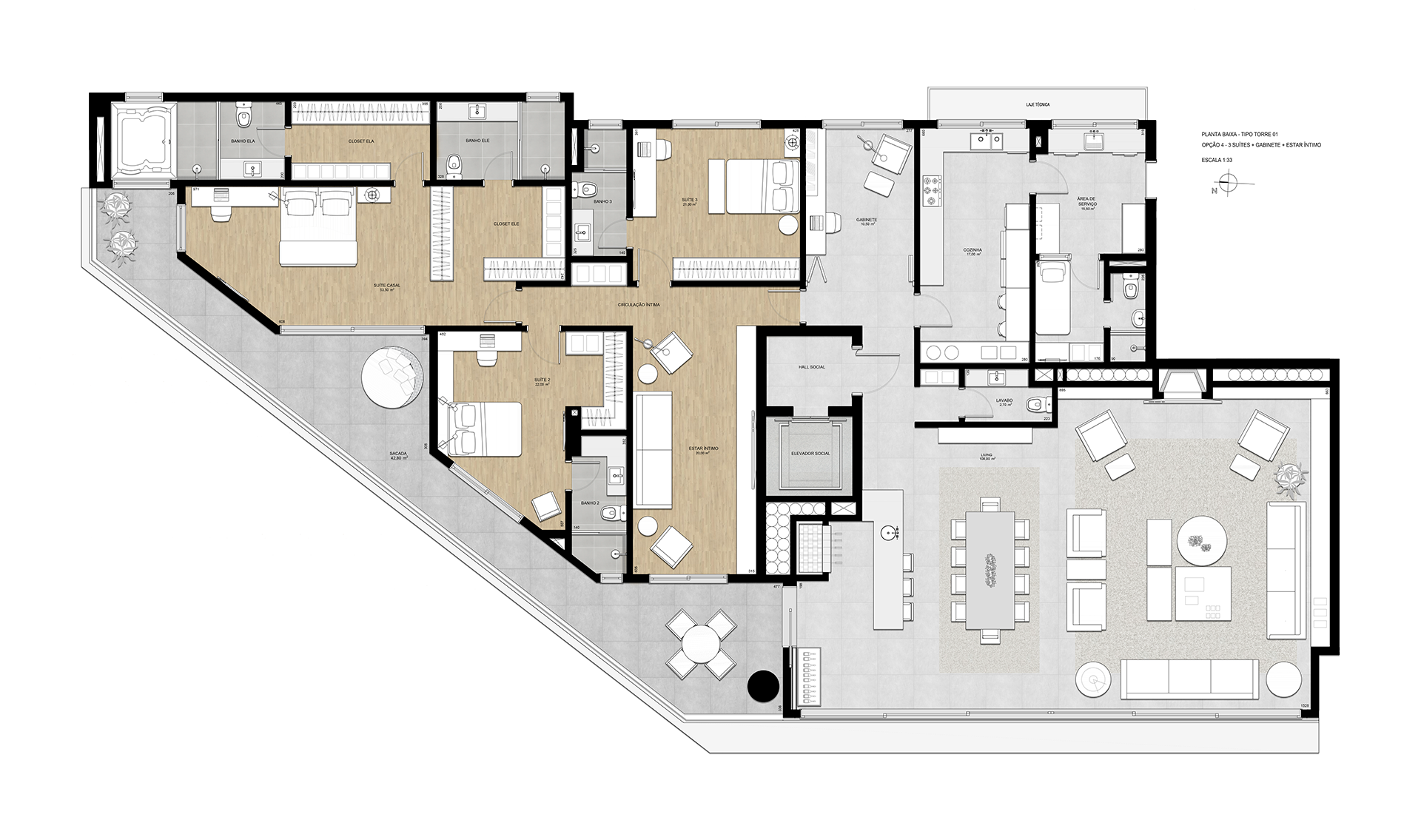 Planta Tipo | Torre 1 | Opção 4 | 3 Suítes + Gabinete + Estar Íntimo