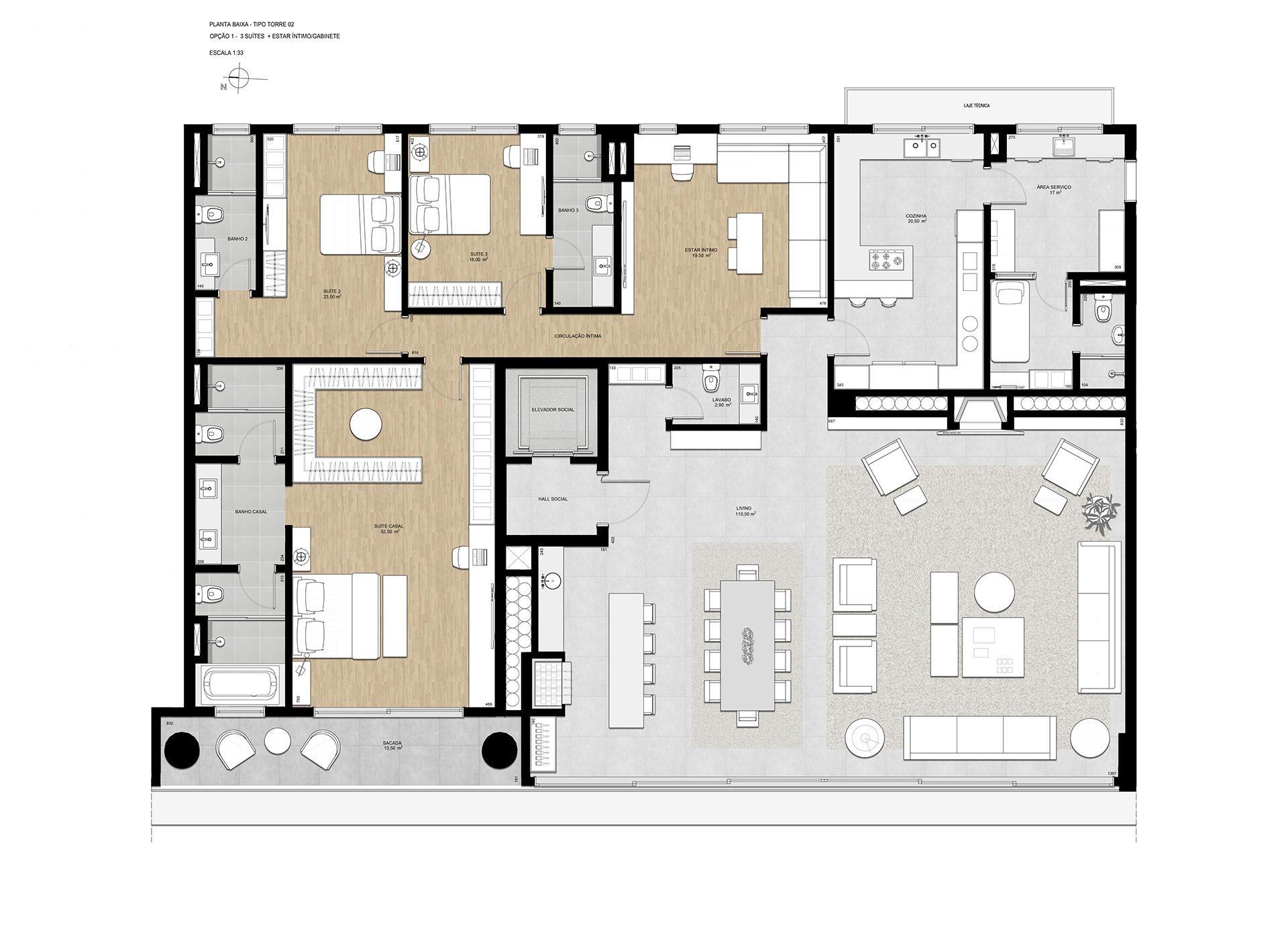 Planta Tipo | Torre 2 | Opção 1 | 3 Suítes + Estar íntimo + Gabinete
