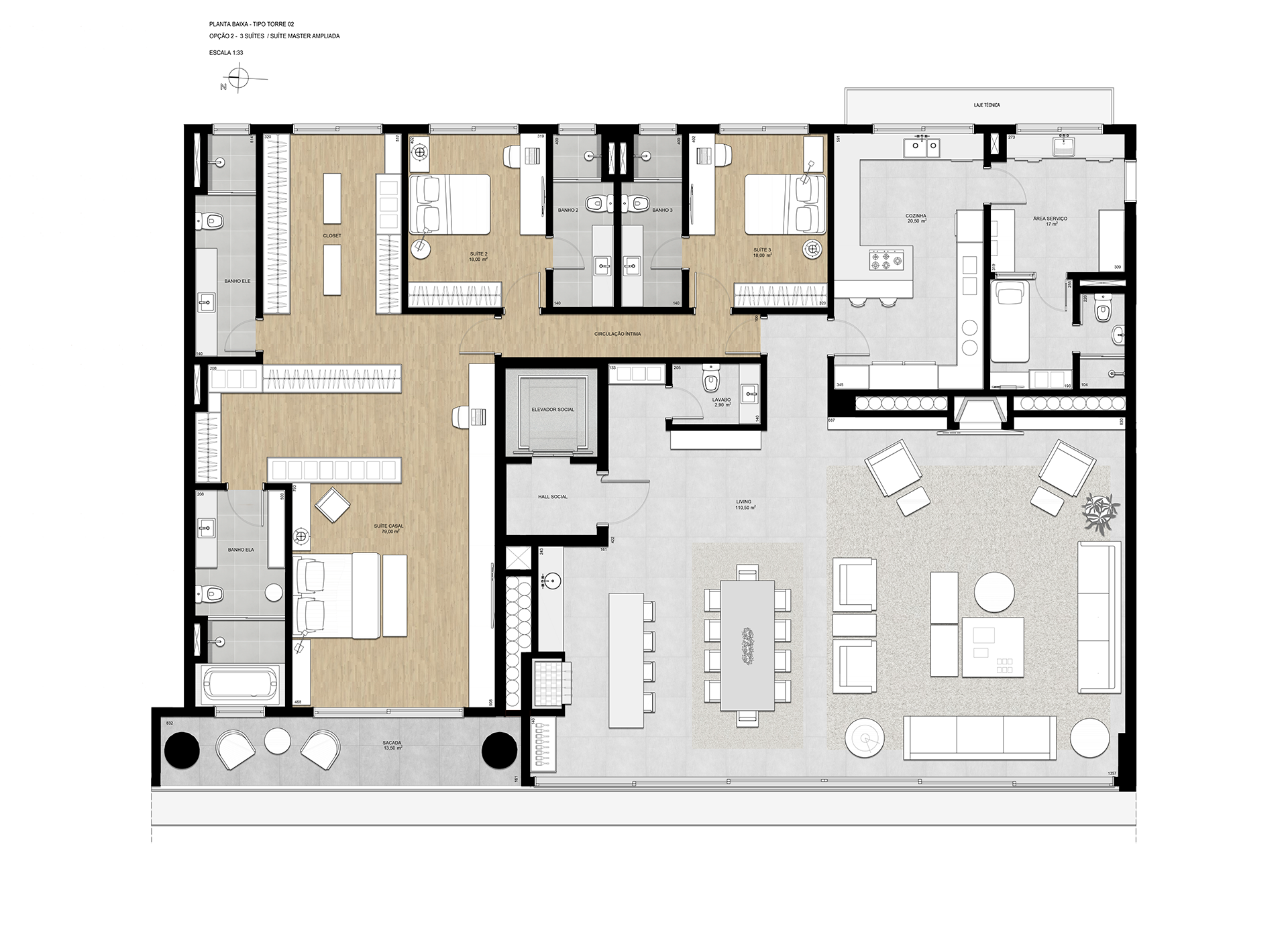 Planta Tipo | Torre 2 | Opção 2 | 3 Suítes + Suíte master ampliada