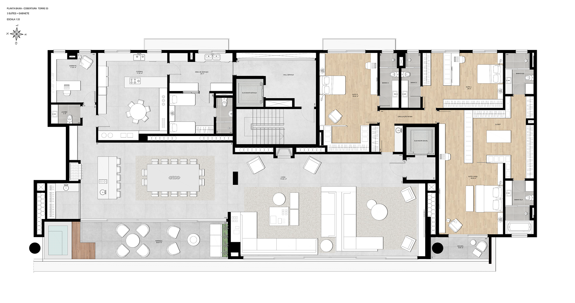 Cobertura | Torre 3 | 3 Suítes + Gabinete