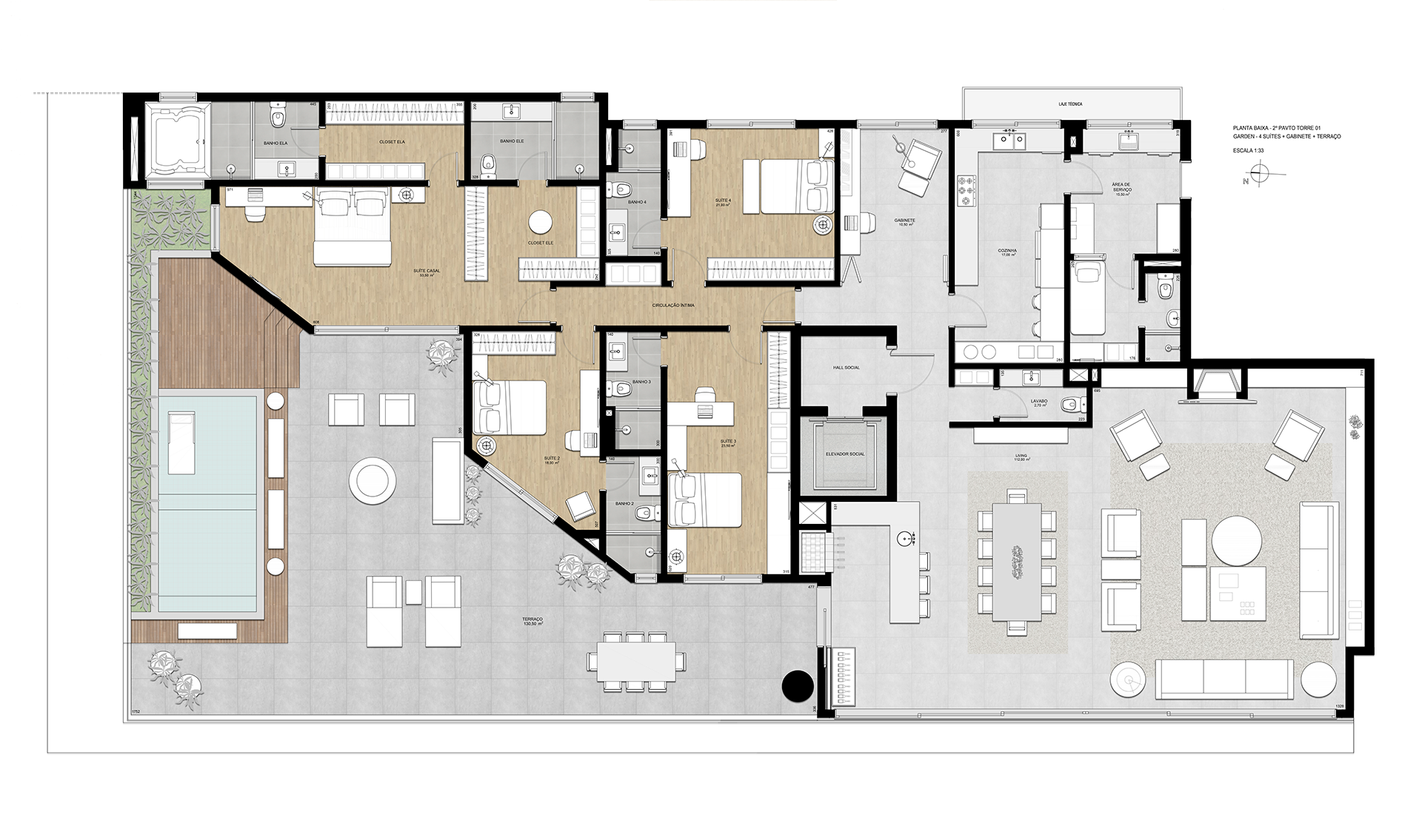 Planta Garden | Torre 1 | 4 Suítes + Gabinete + Terraço