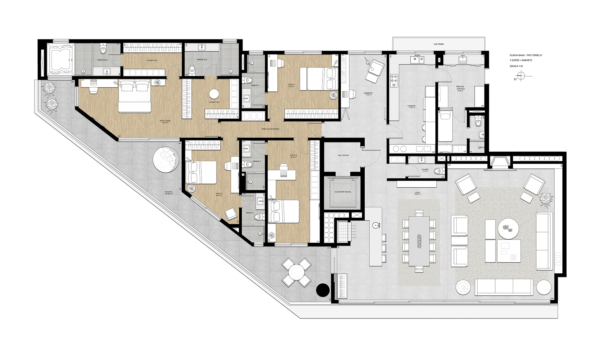 Planta Tipo | Torre 1 | Opção 1 | 3 Suítes + Estar íntimo