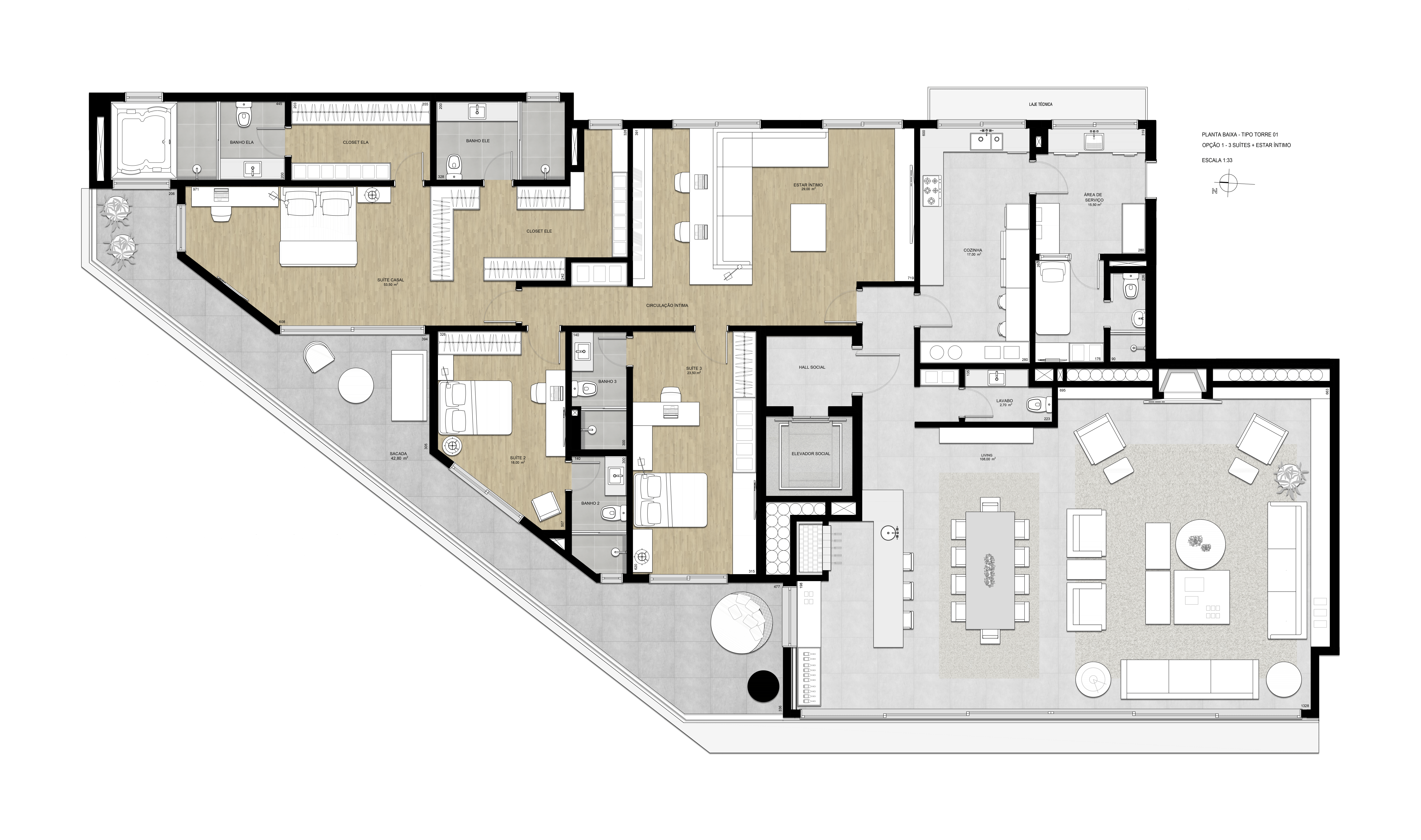 Planta Tipo | Torre 1 | Opção 1 | 3 Suítes + Estar íntimo