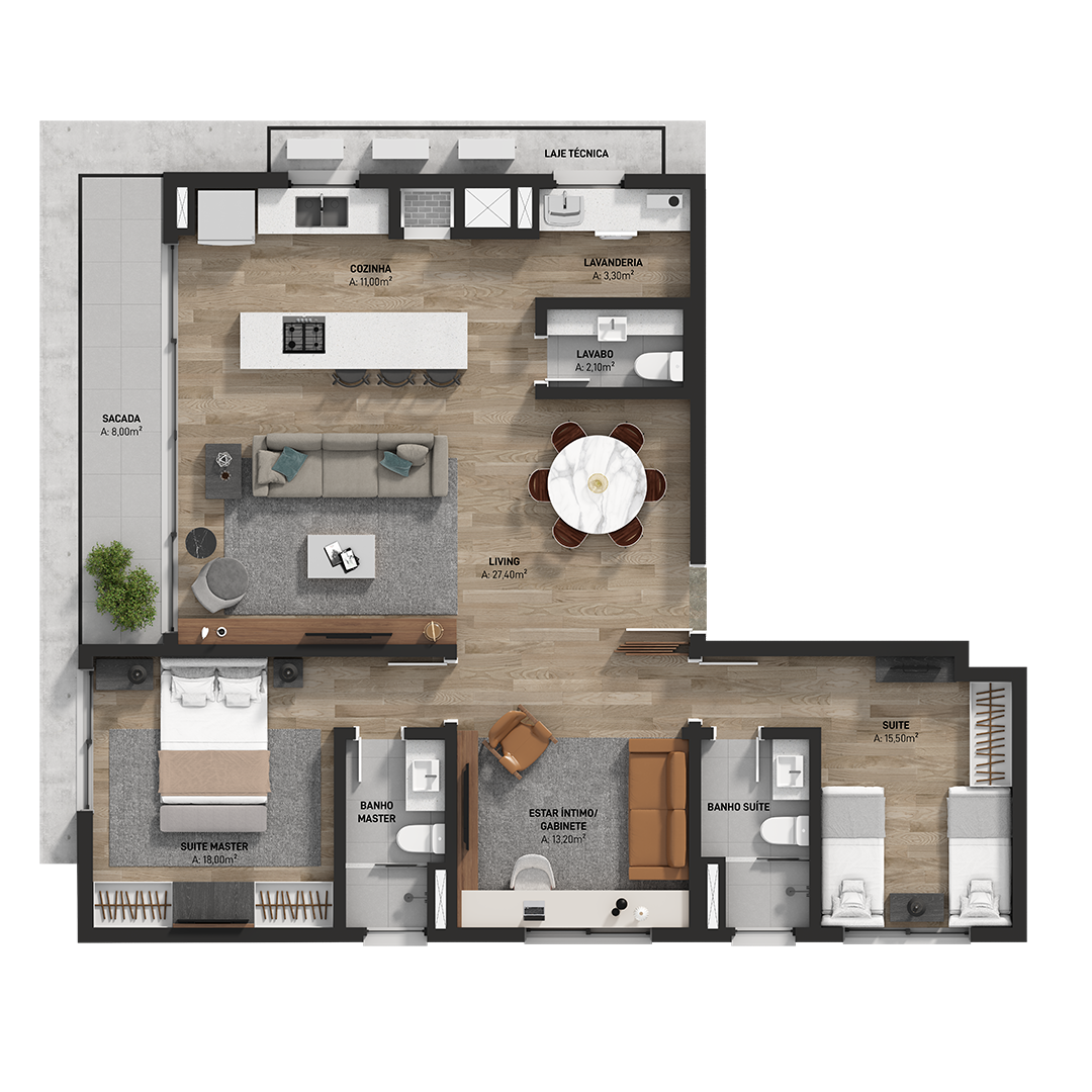 Planta final 01 - 119m² | 2 suítes + Estar íntimo/gabinete