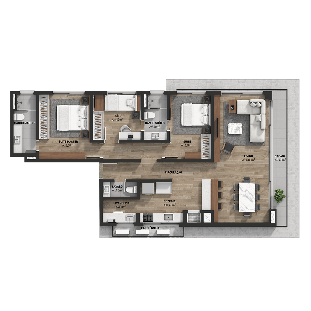 Planta final 04 - 124m² | 1 suíte e 2 dormitórios com banho americano