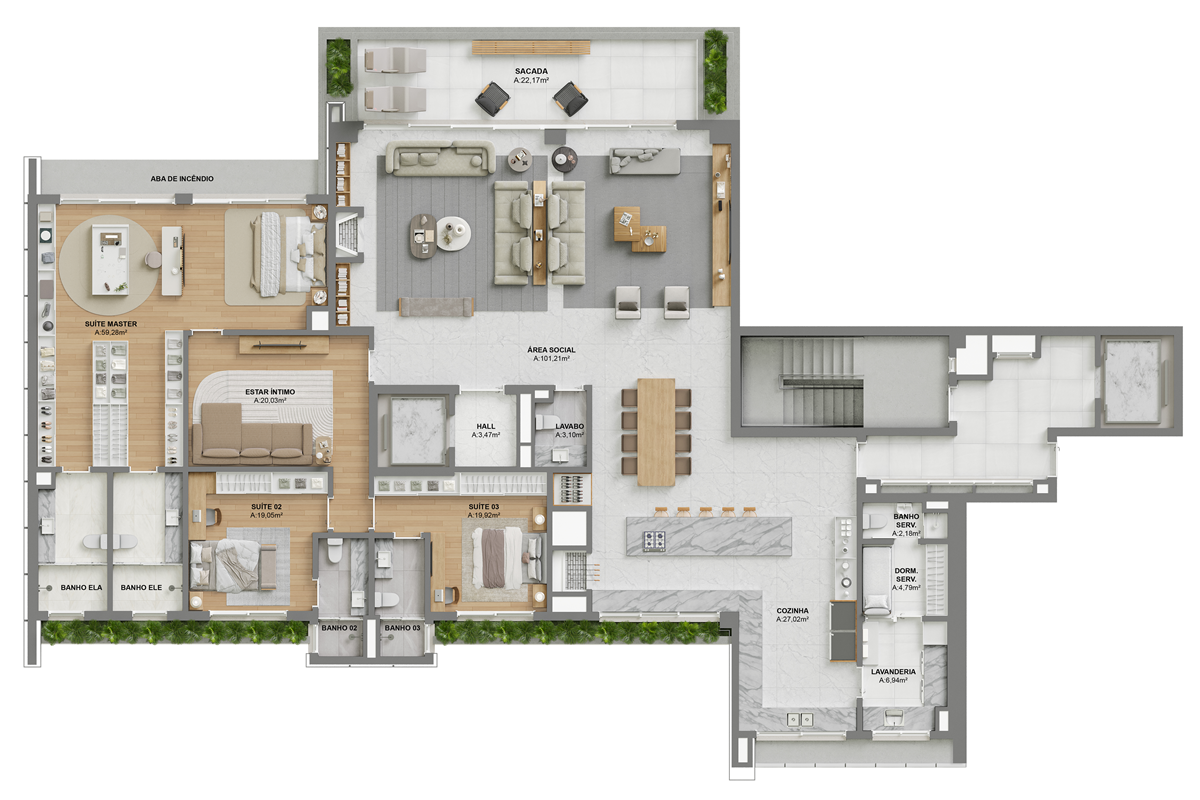 Torre 1 | Pavimento tipo par | Opção 3 |  3 Suítes + Cozinha integrada | 354,43m²