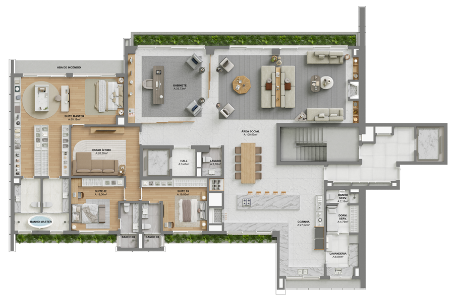 Torre 1 | 3º Pavimento | Opção 2 | Suíte master ampliada + Cozinha integrada + Estar íntimo + Gabinete | 382,53m²