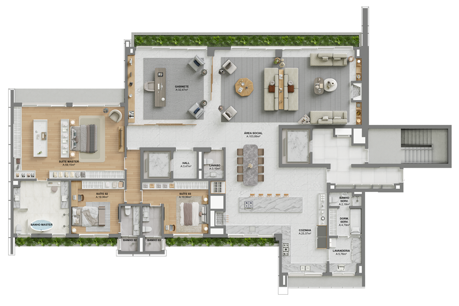 Torre 2 | 3° Pavimento | Opção 1 |  3 Suítes + Gabinete + Cozinha integrada | 362,12m²