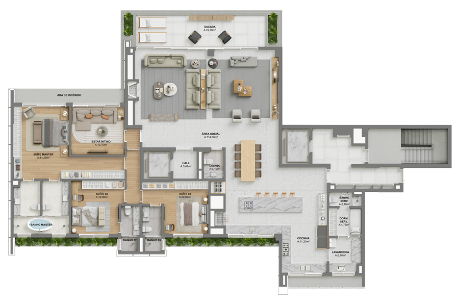 Torre 2 | Pavimento tipo par  | Opção 1 |  3 Suítes + Estar íntimo + Cozinha integrada | 333,97m²